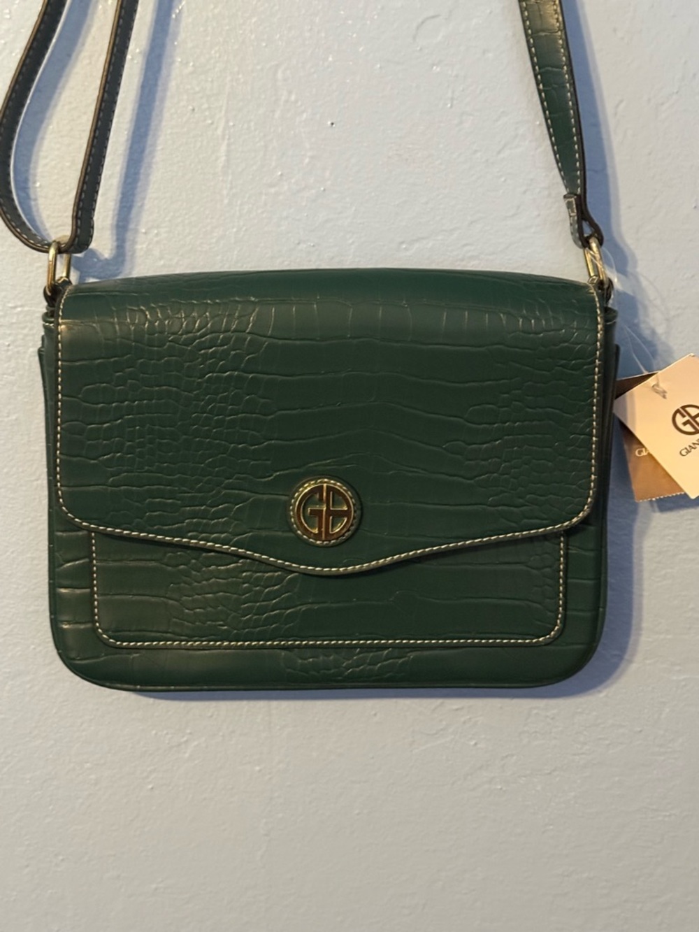 Giani Bernini Dark Green Croc-Embossed Crossbody with Gold Logo